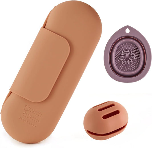Silicone Makeup Brush Holder Set – Portable Travel Makeup Brush Holder with Makeup Sponge Holder and Foldable Cleaning Bowl – Upgraded 3-in-1 Cosmetic Organizer Set (coffee color)-Velvo Beauty