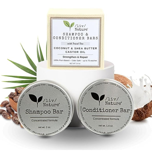 Shampoo Bar and Conditioner Set with Travel Case | Strengthen and Repair Dry Hair | Coconut, Castor Oil, Shea Butter | Made in USA | 2-pk-Velvo Beauty