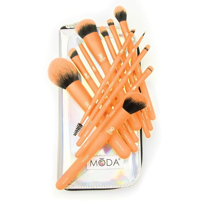 MODA Totally Electric Neon Orange Full Face Makeup Brush Kit – 13pc Vibrant Brush Set for Face & Eyes with Zip Case-Velvo Beauty