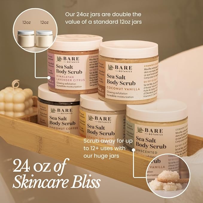 Bare Botanics Lavender Grapefruit Body Scrub 24 oz - Naturally Scented Himalayan Salt Scrub Made in Madison WI - Formulated w/Skin Loving Moisturizers - Cruelty Free Exfoliator w/a Cute Wooden Spoon-Velvo Beauty