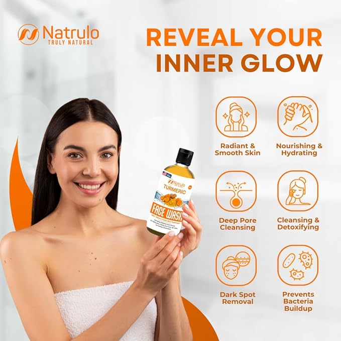 Natrulo Turmeric Face Wash, 4oz Clear Skin Liquid Soap – 100% Natural Anti Aging Exfoliating Turmeric Facial Cleanser for Fading Spots, Clearing Acne Scars, Age Spots, Sun Damage, Discoloration-Velvo Beauty