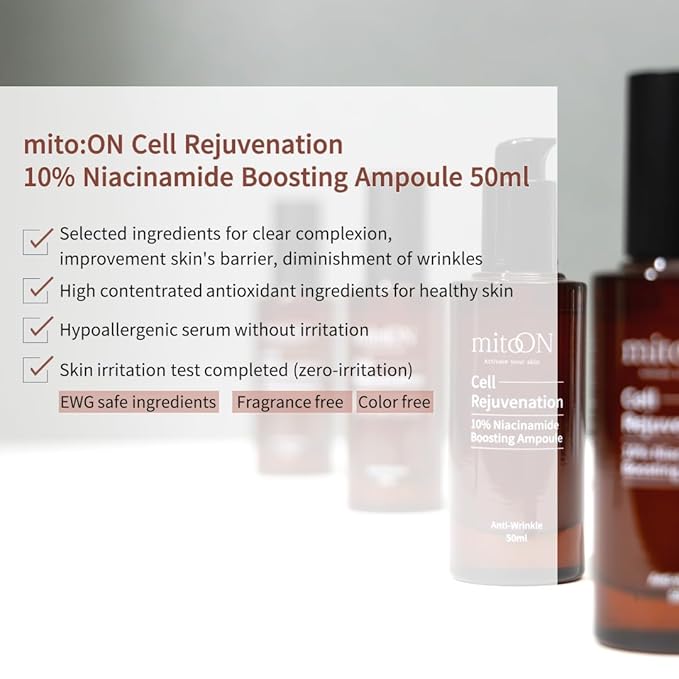 Mito-on Cell Rejuvenation Anti-Aging Serum, 50ml / 1.69 fl.oz –10% Niacinamide, Vitamin B3 and Antioxidants, Centella + EGF for Anti-Aging, Wrinkle Reduction, Pore minimization, Korean Skin Care-Velvo Beauty