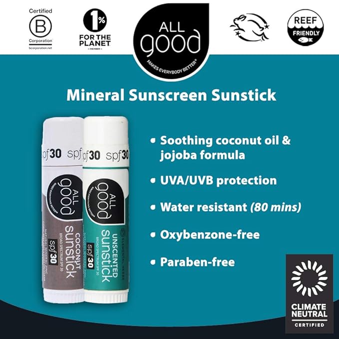 All Good Sunstick - Face Sunscreen, Water Resistant, UVA/UVB Broad Spectrum SPF 30+, Coral Reef Friendly - Beeswax, Zinc, Vitamin E, Shea Butter (Coconut)-Velvo Beauty