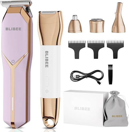 Hair Clippers & Bikini Trimmer for Women - Waterproof Electric Clippers and 4 in 1 Bikini Trimmer Set, Deluxe Hair Trimmer, Wet/Dry Body Shaver for Nose Eyebrows Beard Pubic Hair, Mauve-Velvo Beauty