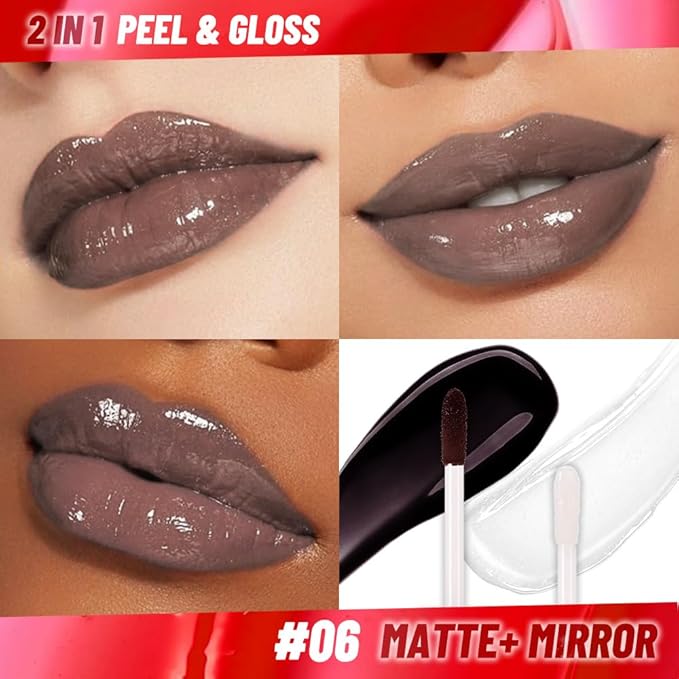 Lip Stain Peel Off Lip Gloss oil Dual-Ended Combo, Brown Lips Liner Stain Peel Off Tattoo, Long Lasting & Waterproof, Transfer-Proof Lip Tint Stain with Lip oil for All Skin Type 06#-Velvo Beauty