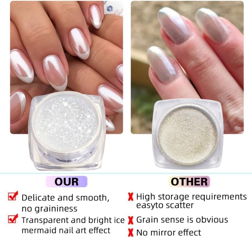 White Pearl Chrome Nail Powder: 7 Colors Iridescent Aurora Chrome Powder Pearl Mirror Effect Glitter Powder Pearlescent Ice Transparent Mermaid Pigment Dust for Nail Art Decoration-Velvo Beauty