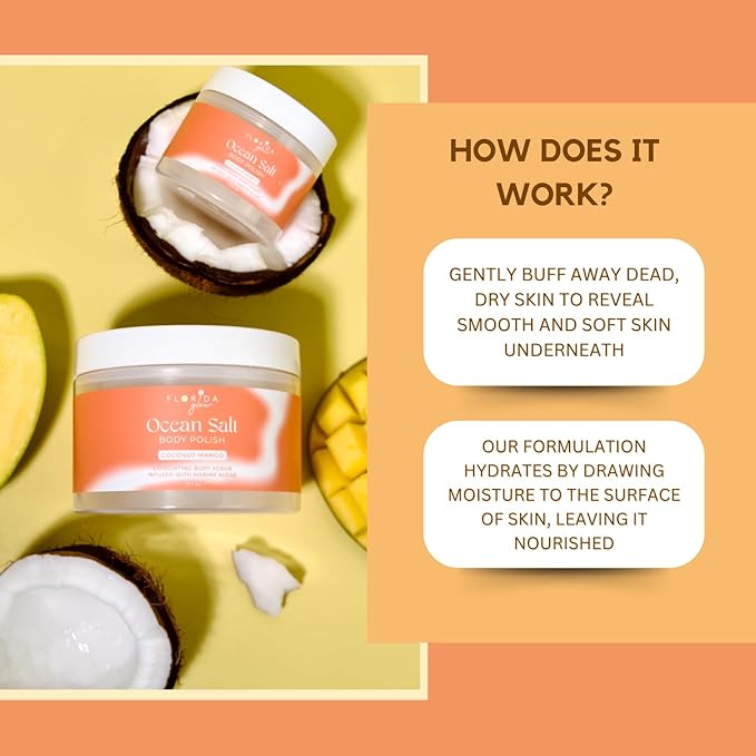 Sea Salt Body Scrub by Florida Suncare - Ocean Salt Body Polish Infused with Marine Algae - Exfoliating Face and Body Scrub - Facial Scrub Exfoliator to Tackle Acne (Coconut Mango, 12.1 oz)-Velvo Beauty