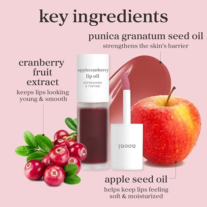 NOONI Korean Lip Oil - Applecranberry | Long-Lasting, Moisturizing, Plumping, Revitalizing for Dry Lips, Waterproof, No Peel Off, Hydrating, Nourishing Crystal Clear, 0.12 FL Oz-Velvo Beauty