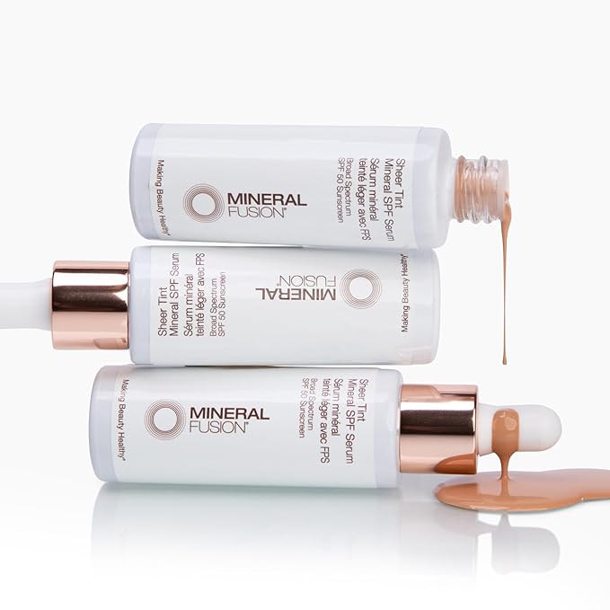 Mineral Fusion Face Serum, Sheer Tint Mineral SPF Serum, 1 Fl Oz, Tan, Tinted Broad Spectrum SPF 50 Mineral Sunscreen, Sheer Coverage, Lightweight & Dewy Finish for Glowing, Protected Skin-Velvo Beauty