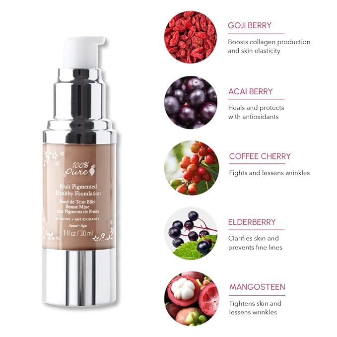 100% PURE Healthy Foundation Full Face Coverage Makeup, Liquid Matte Finish with Anti-Aging Benefits - Vegan Gorgeous Fruit Pigmented Toffee Color (Tan with Neutral Undertone) - 1 Fl Oz-Velvo Beauty