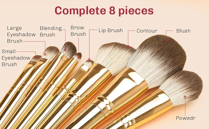 8pcs Gold Makeup Brush Set for All Skill Levels Easy Clean Soft Lint Free Brushes Travel Friendly Kit Foundation Powder Eyeshadow Blush Contour-Velvo Beauty