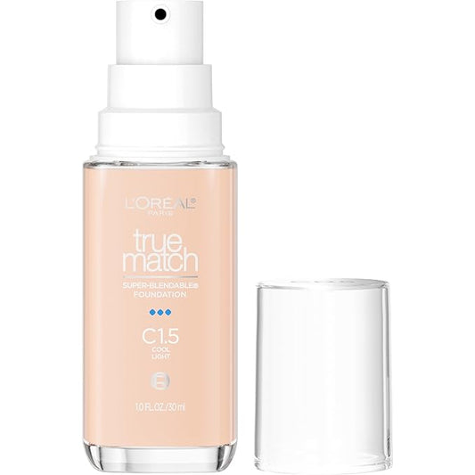 L'Oreal Paris True Match Super-Blendable Foundation, Medium Coverage Liquid Foundation Makeup, C1.5, Light, 1 Fl Oz-Velvo Beauty