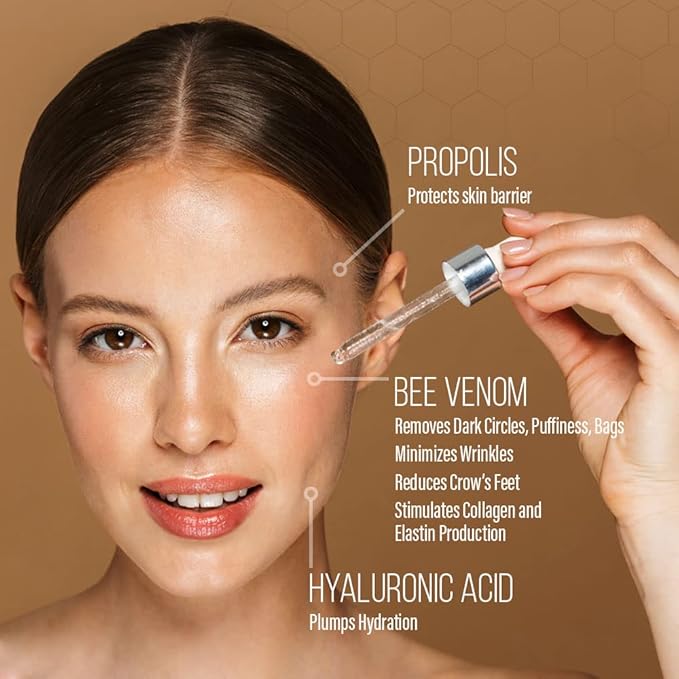 BEE and YOU Eye Cream, Anti Aging, Anti Wrinkle Serum 100% Natural with Bee Venom, Propolis Extract, Raw Honey, Hyaluronic Acid, For Dark Circles Under Eye Treatment and Puffiness, Skin Care, 15ml-Velvo Beauty