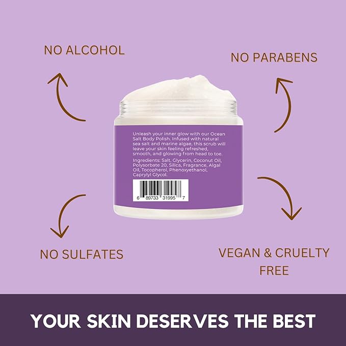 Sea Salt Body Scrub by Florida Suncare - Ocean Salt Body Polish Infused with Marine Algae - Exfoliating Face and Body Scrub, Facial Scrub Exfoliator to Tackle Acne, Scars (Plum & Vanilla Woods 12.1oz)-Velvo Beauty