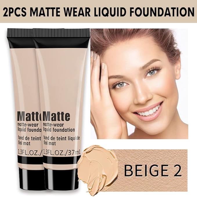 2 Pack Liquid Foundation Cream for Face Makeup,Durable Full Coverage Matte Concealer Make Up,Oil Control & Waterproof Base Primer -1+1 Fl.Oz-BEIGE 2#-Velvo Beauty