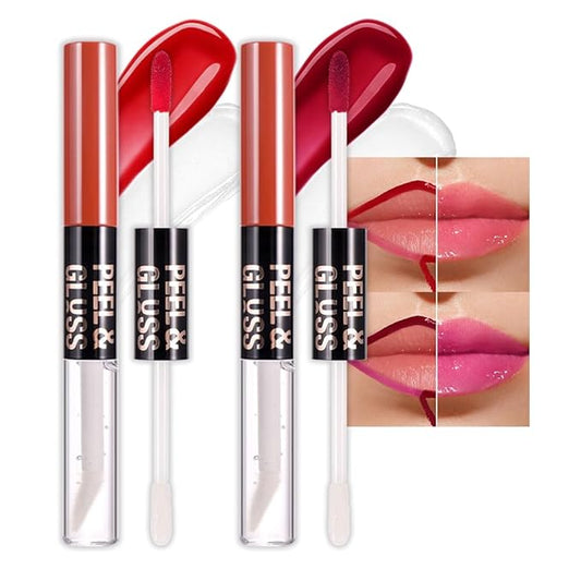 2Pcs Lip Stain Peel Off Lip Gloss oil Dual-Ended Combo, Lips Liner Stain Peel Off Masque, Long Lasting & Waterproof, Transfer-Proof Lip Tint Stain with Lip oil for All Skin Type 02#+03#-Velvo Beauty