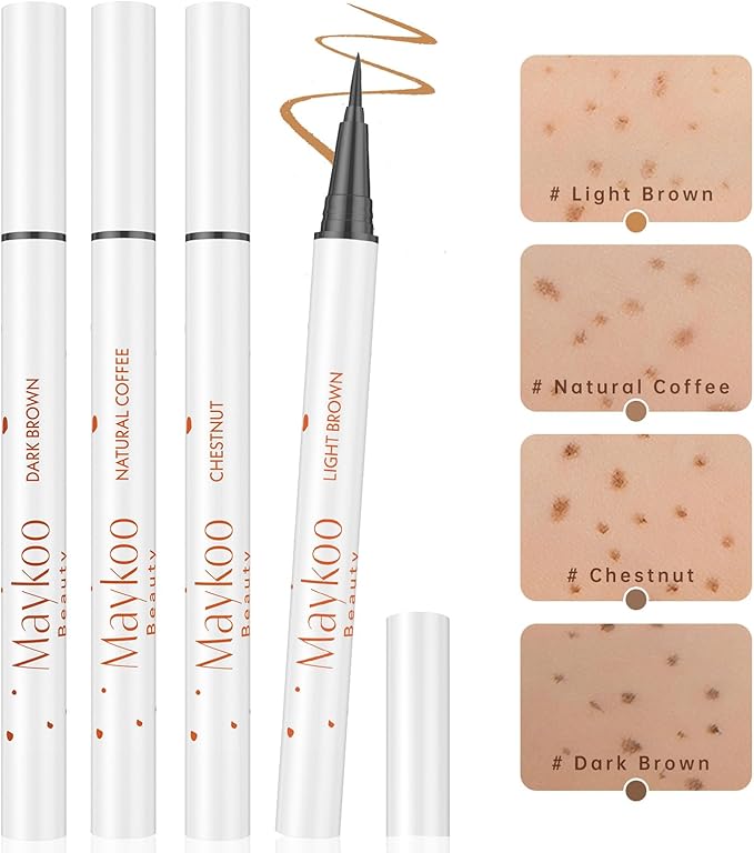 4 Colors Freckle Pen Set, Natural Lifelike Face Fake Freckle Stamp Makeup Pen Waterproof Long Lasting Quick Dry Faux Freckles Sun-kissed Makeup-Light Brown,Natural Coffee,Chestnut,Dark Brown-Velvo Beauty