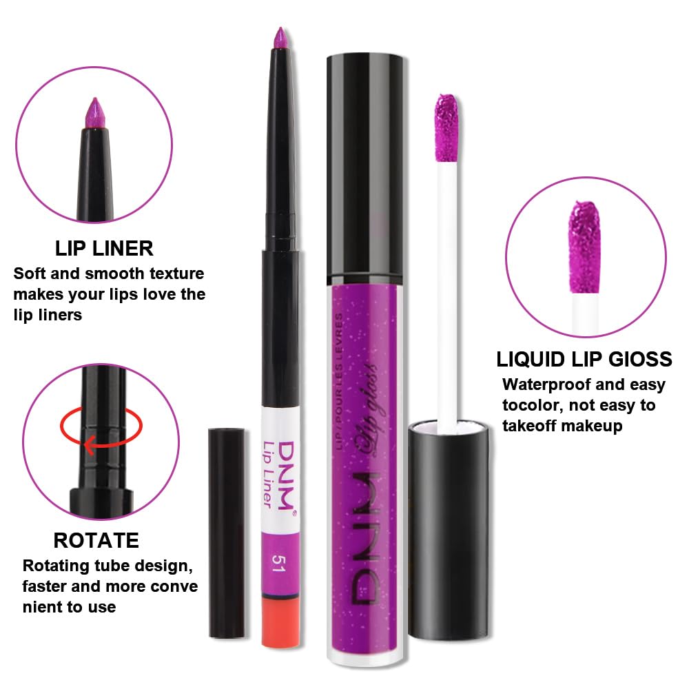 evpct 2Pcs Purple Shimmer Glitter Shiny Liquid Lipstick Lip Gloss Stain and Retractable Lip Liner Makeup Set for Women Long Lasting Waterproof 24 Hours Lipstick labial mate larga duracion 24 51#-Velvo Beauty