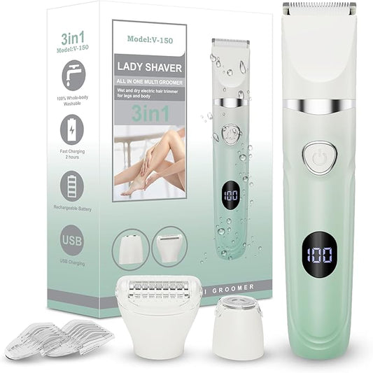 3-in-1 Painless Bikini Trimmer for Women - Electric Pubic Hair Shaver with Ceramic Blade, Wet/Dry USB Razor for Underarm/Leg/Body, Rechargeable Ladies Grooming Kit-Velvo Beauty