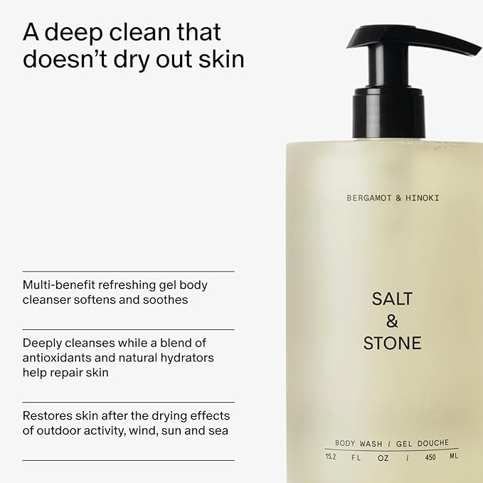 Salt & Stone Body Wash with Antioxidants for Deep Moisture | For Women & Men, Sulfate, Paraben, & Dye Free, Leaving Skin Soft and Hydrated | Bergamot & Hinoki 32 fl oz-Velvo Beauty