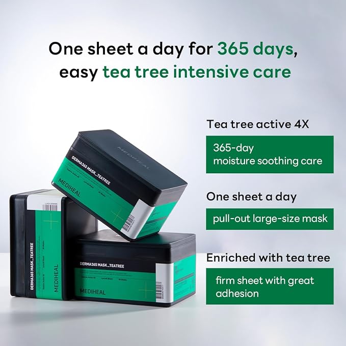 Mediheal Derma 365 Teetree Mask (30 Masks) - Daily Skin Care Mask for Deeply Comforting and Calming Skin with Teatree Active 4X-Velvo Beauty
