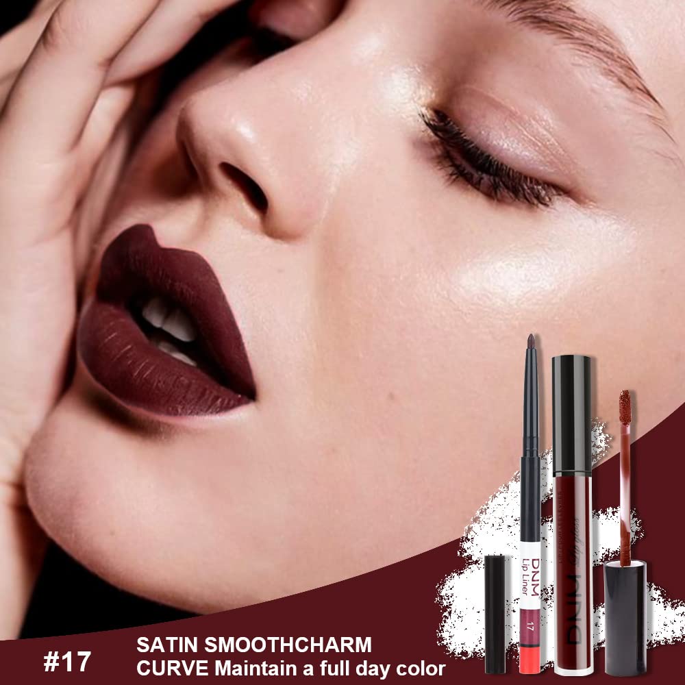 evpct 2Pcs Dark Deep Burgundy Red Matte Lipstick and Lip Liner Makeup Set for Women Dark Blood Red Liquid Matte Brown Lipstick Lip Liner Stain long lasting waterproof Permanent Lipsticks 24 hours 17#-Velvo Beauty