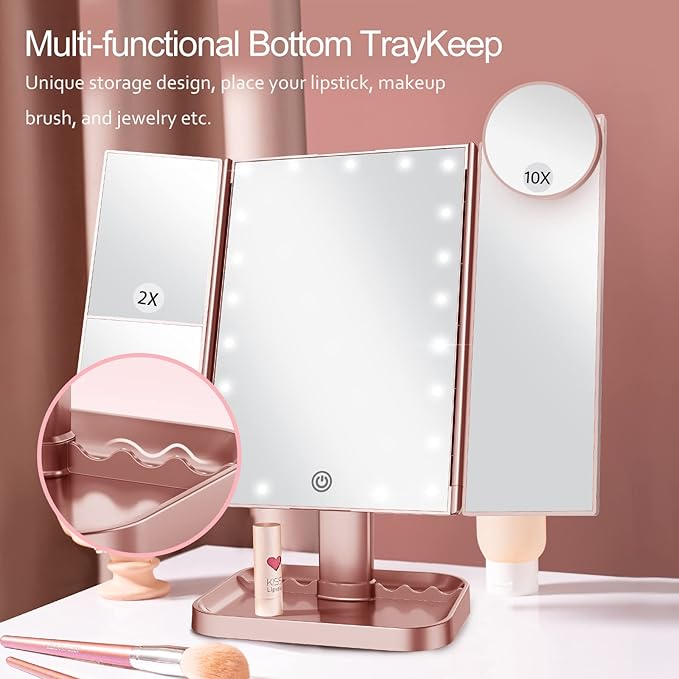 HUONUL Makeup Mirror, 10X 3X 2X Magnification, Lighted Makeup Mirror, Touch Control, Dual Power Supply, Portable LED Mirror, Women Gift (Rose Gold)-Velvo Beauty