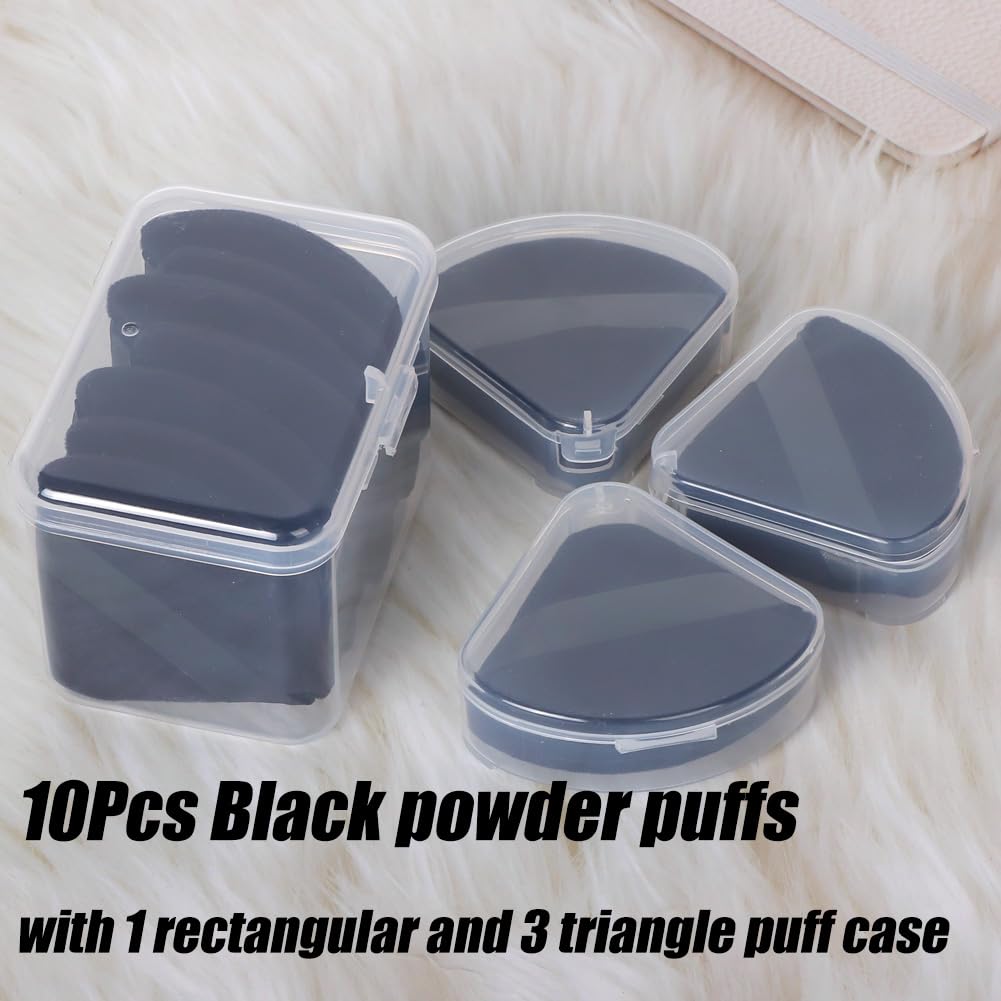 Ocim 10Pcs Triangle Powder Puffs for Face Powder,Soft Velour Triangular Beauty Puff,Makeup Pressed,Baking & Setting Powder Sponge Applicator Pads with Case,Black-Velvo Beauty