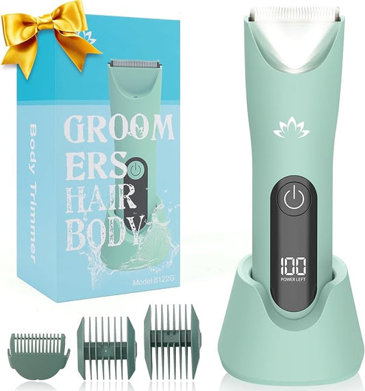 Electric Bikini Trimmer for Women,Electric Razors for Women,Cordless Pubic Hair Trimmer,IPX7 Waterproof & LED Display Mens Ball Trimmers Bikini Shaver for Underarm Leg Arm,Gifts Green-Velvo Beauty