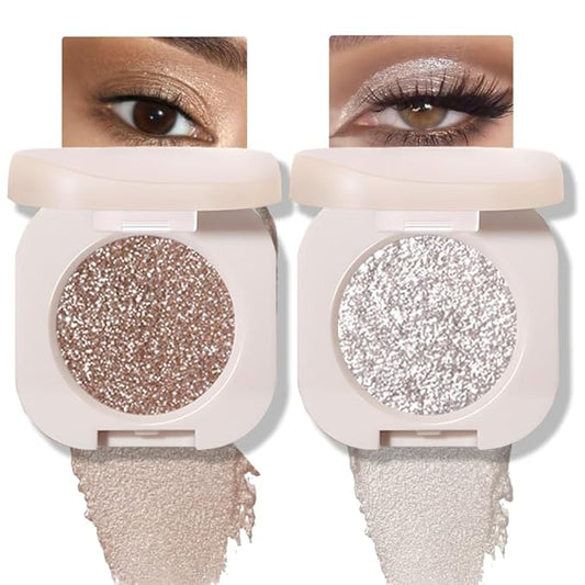 2Pcs Glitter Shimmer Sparkle Eyeshadow Palette Makeup For Old Women, Light Brown&Silver Glitter Shimmer Metallic Holographic Multichrome Cream Iridescent Single Monochrome Eye Shadow Makeup-Velvo Beauty