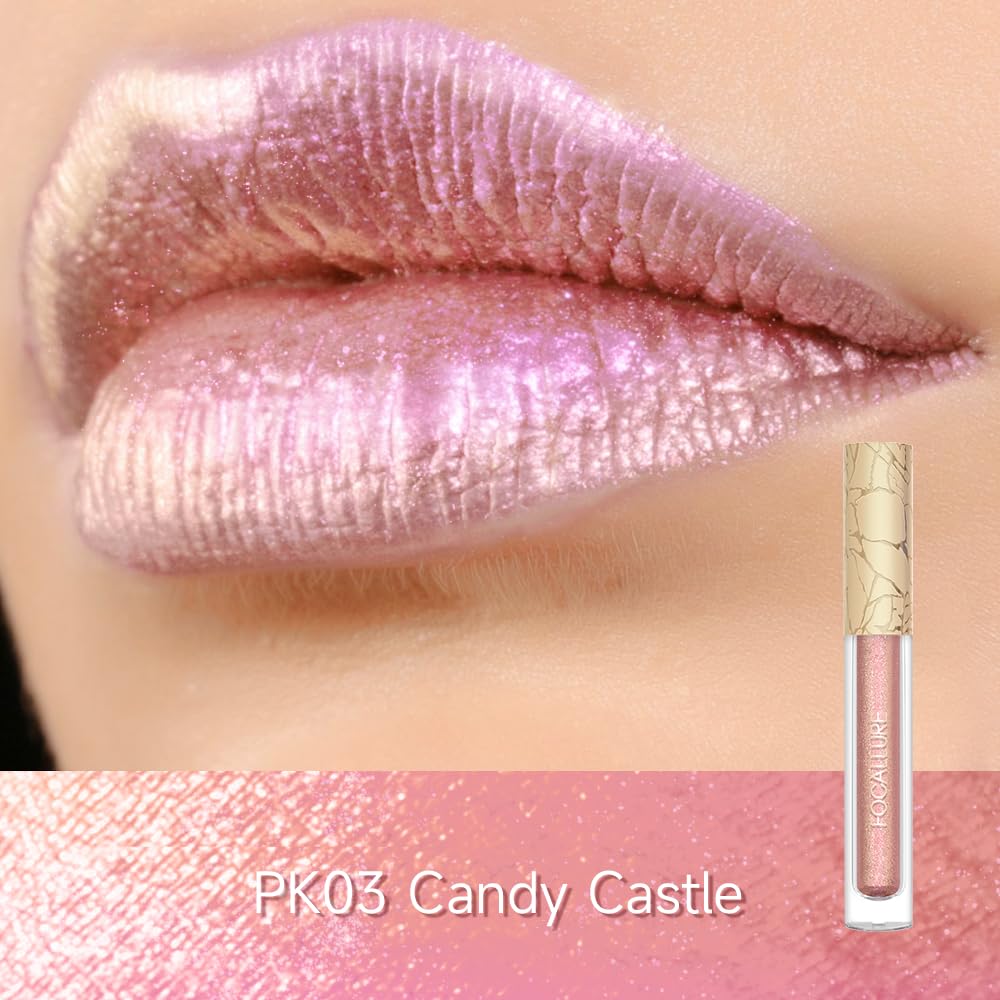 FOCALLURE Metallic Liquid Lipstick,Non Stick Cup Lip Gloss,High Impact Lip Color with Transfer-proof Wear,Long Lasting & Waterproof Lipstick Makeup for Women,PK03 Candy Castle-Velvo Beauty