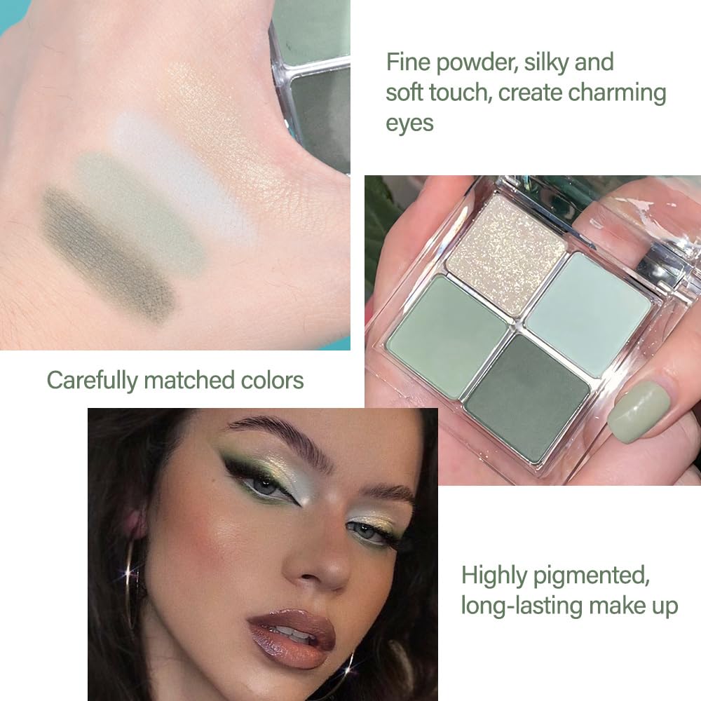 Light Green 4Colors Eyeshadow Makeup Palette,Mint Green Natural Neutral Powde Eye Shadow Palettes for Older Women,Long Lasting Naturing-Looking,Lightweight,Waterproof,Eye Makeup Kit Travel Size,Vegan-Velvo Beauty