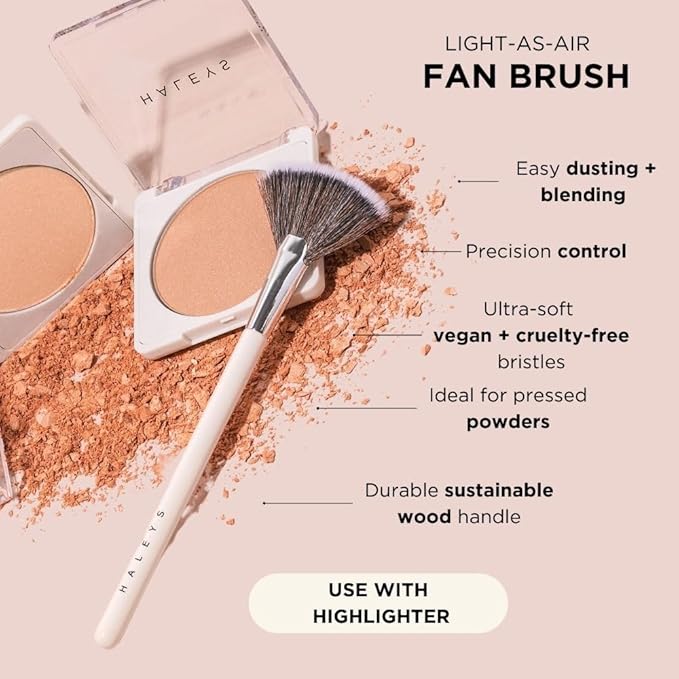 HALEYS Fan Brush VEGAN+CRUELTY-FREE, Sustainable Wood, Vegan Bristles for Airbrushed Finish, For highlighter application, Streak-free, Perfect Blending, Blurs, Smooths with Control-Velvo Beauty