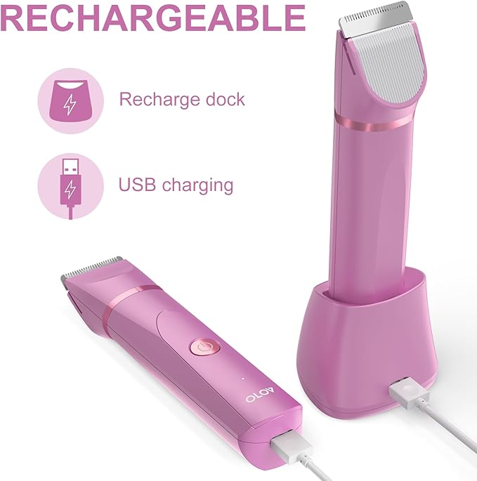 OLOV Electric Body Hair Trimmer - Groin Trimmer for Men - Bikini Trimmer Women - Wet/Dry Shaver Groomer, Replaceable Ceramic Blade Heads, USB Recharge Dock, Waterproof Hygiene Razor, Pink-Velvo Beauty