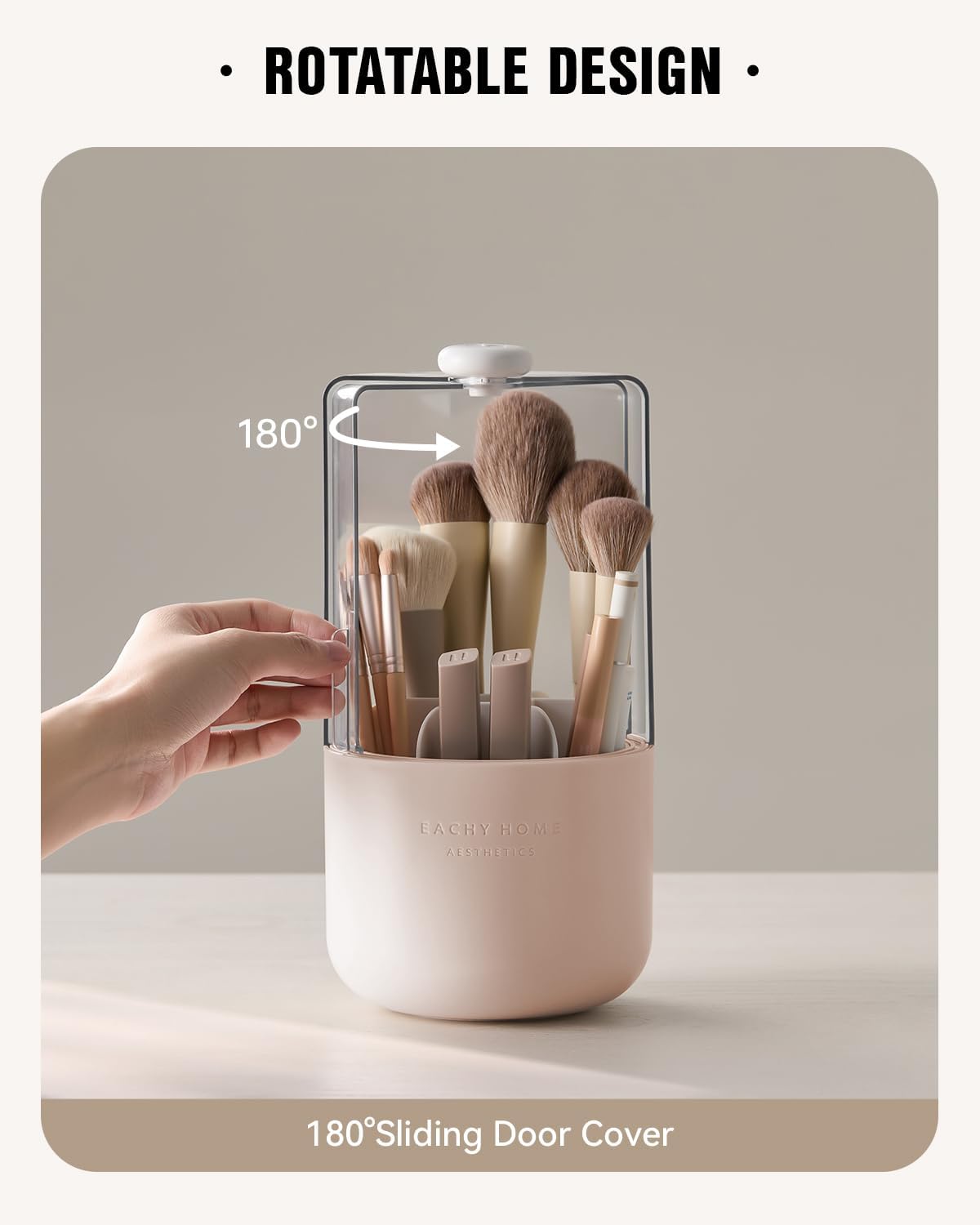 EACHY Makeup Brush Holder 360° Rotating with Dustproof Lid, Waterproof Material, 7 Compartments for Organized Storage, Stylish and Durable Design for Vanity (Pink)-Velvo Beauty