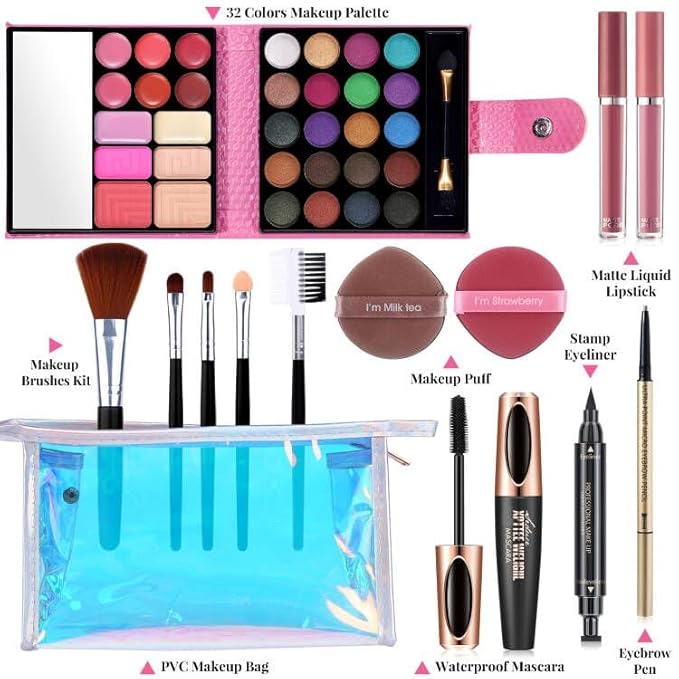 Makeup Set for Women Full Kit - 32 Colors Makeup Palette,5pcs Brushes Set, Mascara & Stamp Liquid Eyeliner, Eyebrow Pen, 2pcs Matte Liquid Lipsticks, 2 Powder Puff, 1 Cosmetic Bag Makeup Gift Set-Velvo Beauty