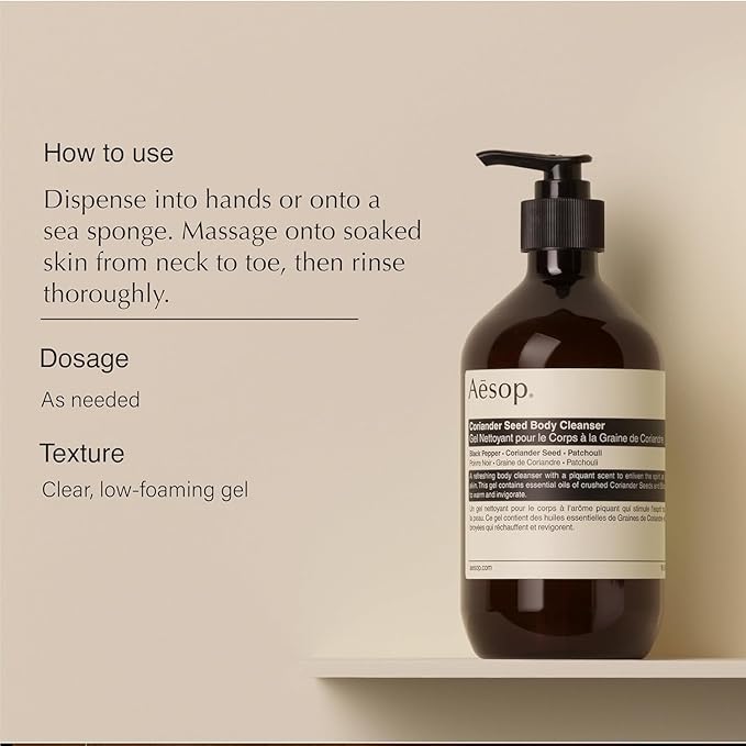Aesop Coriander Seed Body Cleanser | Refreshing & Invigorating | Spicy, Woody, Warm | 16.9 oz / 500mL + Eleos Nourishing Body Cleanser Sample-Velvo Beauty