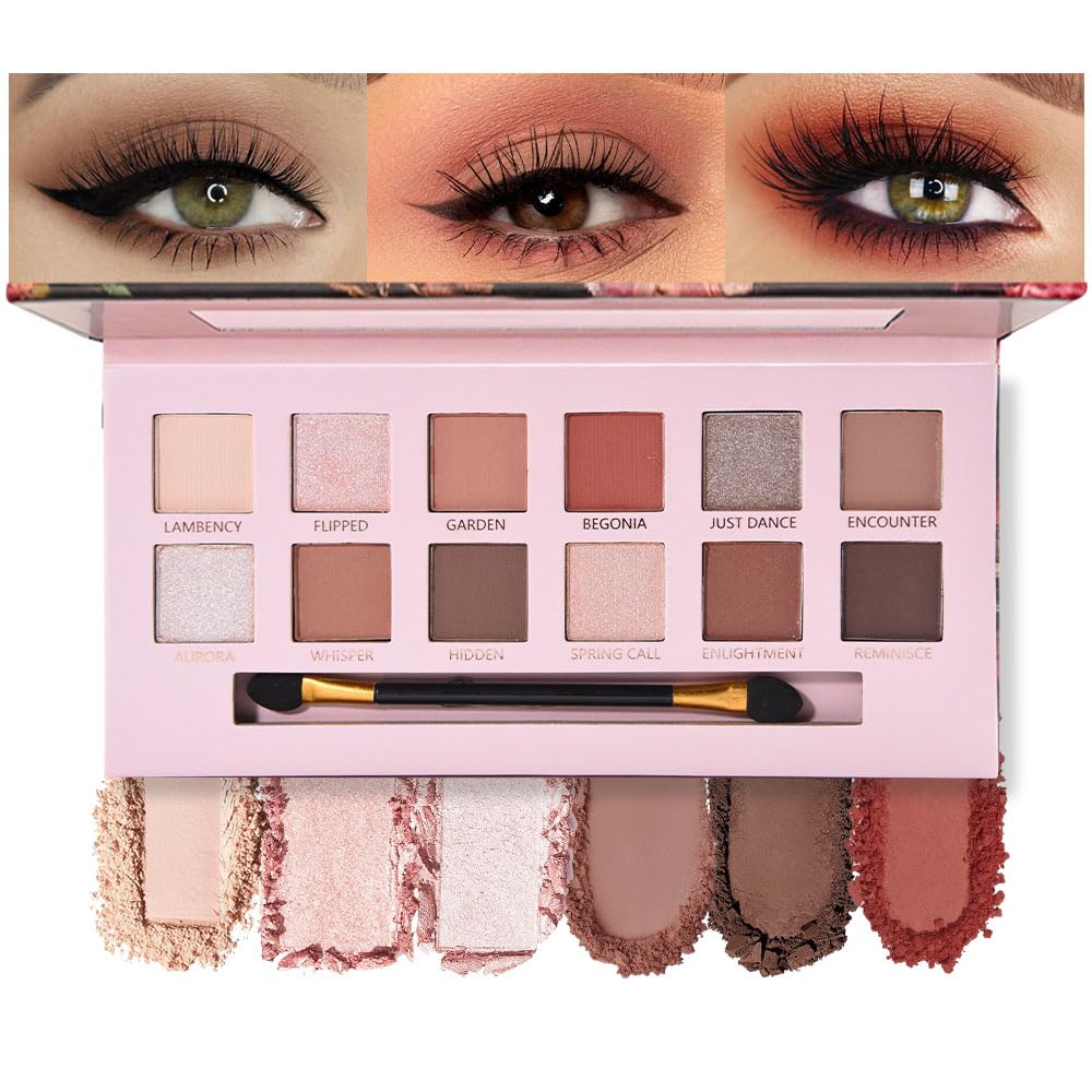 12Colors Eye Shadow Palette With Mirror and Brush,Nude Pink Brown Neutral Natural Eyeshadow Palette,Long Lasting Waterproof Travel Size Makeup Pallete-Velvo Beauty