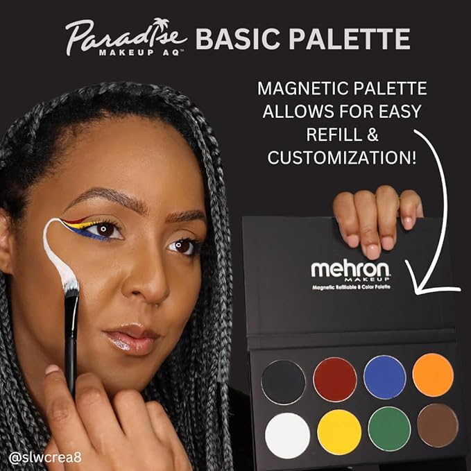 Mehron Makeup Paradise Makeup AQ 8 Color Basic Palette | Magnetic Refillable Body Paint & Face Paint Palette | Professional Water Activated Makeup for Costumes, SFX, Halloween, & Cosplay-Velvo Beauty