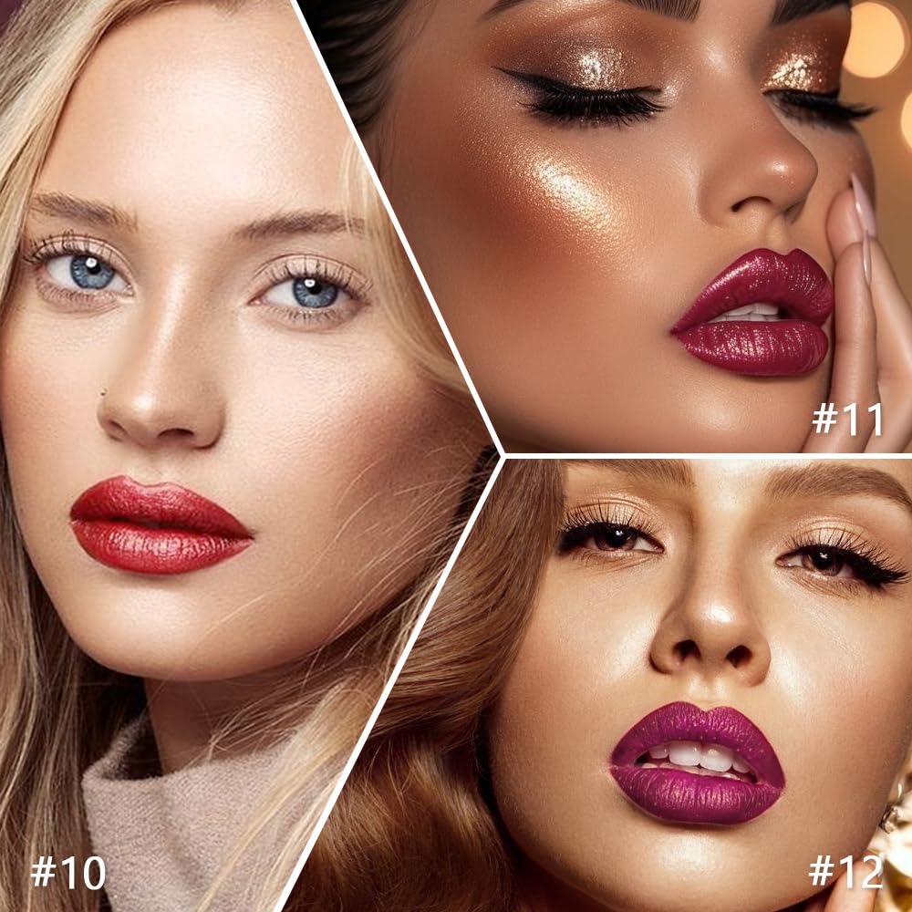 3Pcs Metallic Lipstick for Women,Lightweight Shimmer Frosted Lipstick,Glitter Lip Gloss Stain Long Lasting Waterproof Smudge Proof 24 Hour Full Coverage Lip Makeup,Vegan(10,11,12)-Velvo Beauty