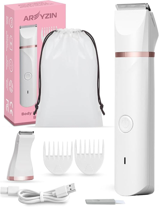 Bikini Trimmer Pubic Hair Trimmer for Women Legs Bikini Line Armpit Rechargeable Electric Shaver for Women Hair Removal with Snap-in Ceramic Blades IP7X Waterproof, White-Velvo Beauty