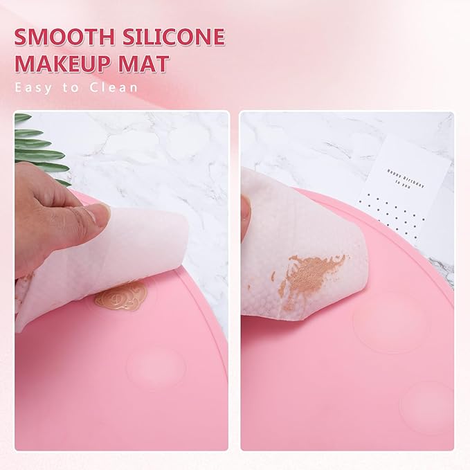 Makeup Palette, 3 in 1 Silicone Makeup Mat with Brush Cleaner and Vanity Protector Design for Mixing Foundation Eye Shadow Nail Art Gel, Cosmetic Brush Washing, Easy to Clean, Pink-Velvo Beauty