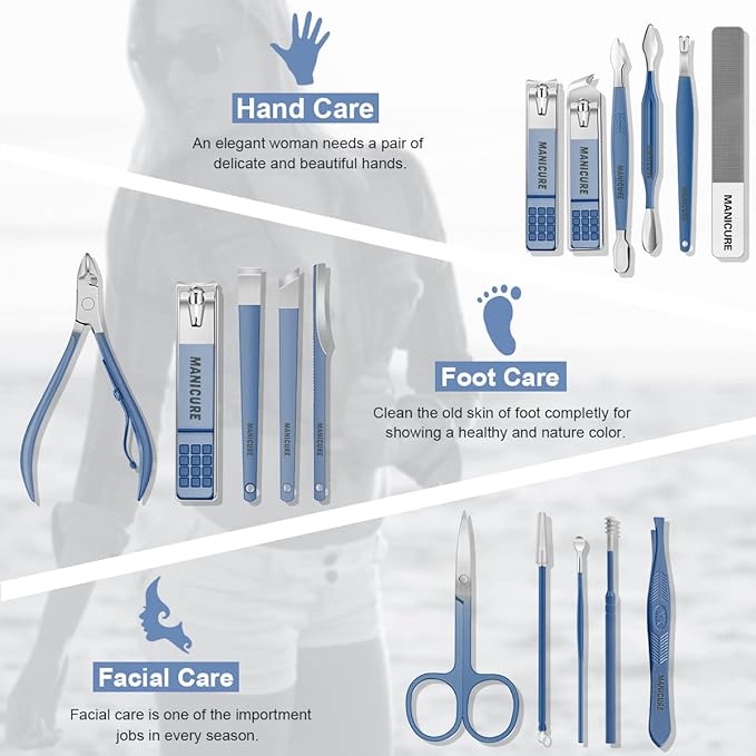 Manicure Set Professional Nail Clippers Pedicure Kit, 16 pcs Stainless Steel Nail Care Tools Grooming Kit with Luxurious Travel Leather Case for Thick Nails Men Women Gift (Blue)-Velvo Beauty