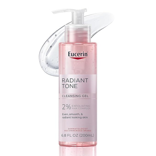 Eucerin Radiant Tone Face Cleanser Gel with 2% Exfoliating AHA Complex, Gentle Face Wash Improves Skin Clarity and Boosts Radiance, All Skin Types, 6.8 Fl Oz Bottle-Velvo Beauty