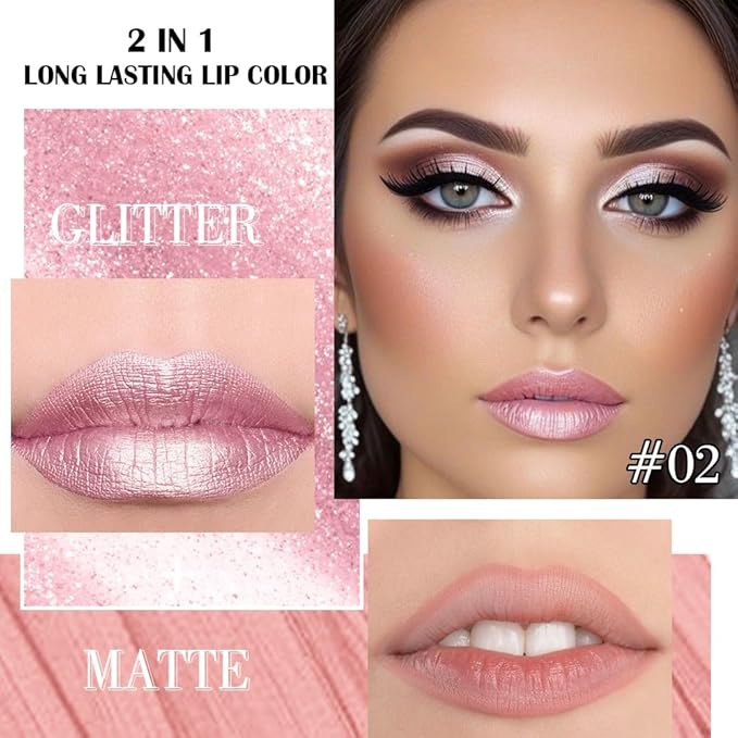 evpct Light Pink Metallic Shimmer Lip Liner and Lipstick Combo Lip Gloss Stain Set Makeup for Women Long Lasting Waterproof 24, Light Voilet Frosted Metallic Glitter Glossy Iridescent Liquid Lipstick-Velvo Beauty