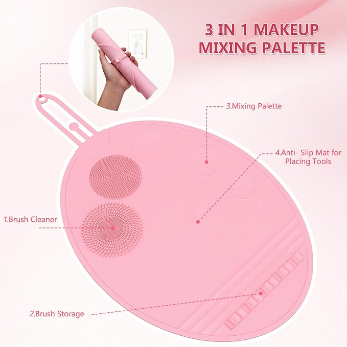 Makeup Palette, 3 in 1 Silicone Makeup Mat with Brush Cleaner and Vanity Protector Design for Mixing Foundation Eye Shadow Nail Art Gel, Cosmetic Brush Washing, Easy to Clean, Pink-Velvo Beauty