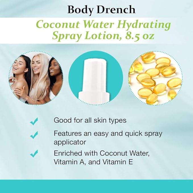Body Drench Coconut Water Hydrating Spray Lotion for All Skin Types, 8.5 fl oz-Velvo Beauty