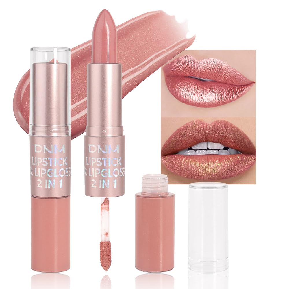 evpct 2 in 1 Rose Nude Glitter Metallic Shimmer Diamond Lipstick and Lip Gloss Set for Women Long Lasting Waterproof, Bright Rose Pink Sparkle Glitter Shiny Lipstick and Lip Liner Makeup Set, 02#-Velvo Beauty
