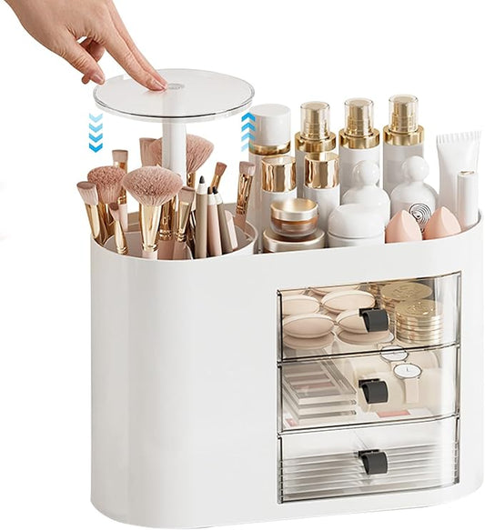 DASITON Makeup Organizer with 3 Drawers,Automatic Lifting Makeup Brush Holder with Lid,Large Capacity Makeup Organizers for Vanity,Bathroom Countertop,Ideal Storage Skin Care,Brushes,Lipstick (White)-Velvo Beauty