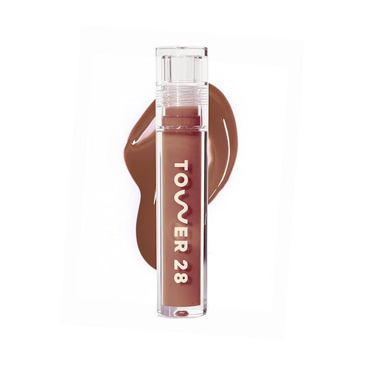 Tower 28 ShineOn Milky Lip Jelly, ALMOND, Non-Sticky, Hydrating Vegan Lip Gloss in Milky Chocolate, Apricot and Raspberry Seed Oil, Moisturizing, Clean, Cruelty Free-Velvo Beauty